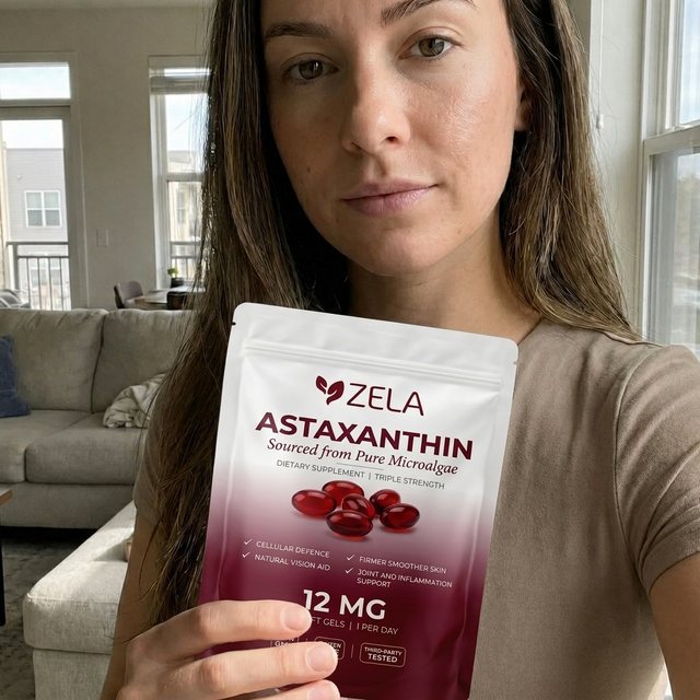 A customer holding a pouch of Zela Astaxanthin