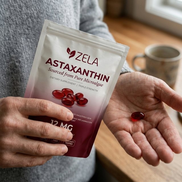 A customer holding a pouch of Zela Astaxanthin