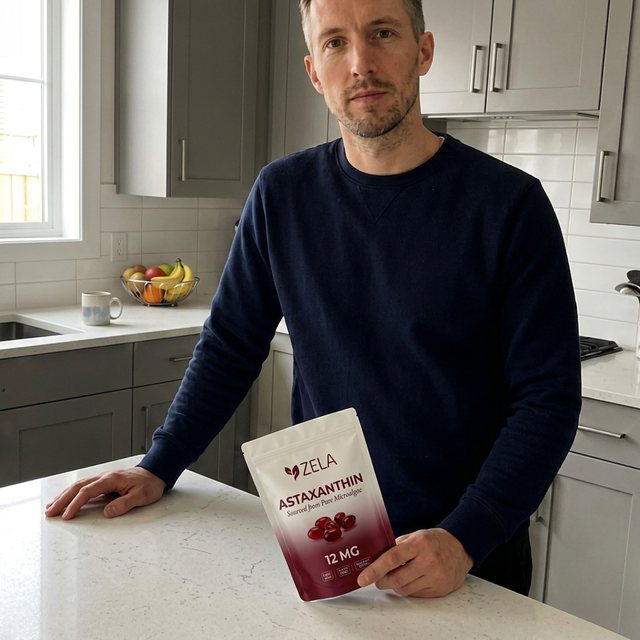 A customer holding a pouch of Zela Astaxanthin