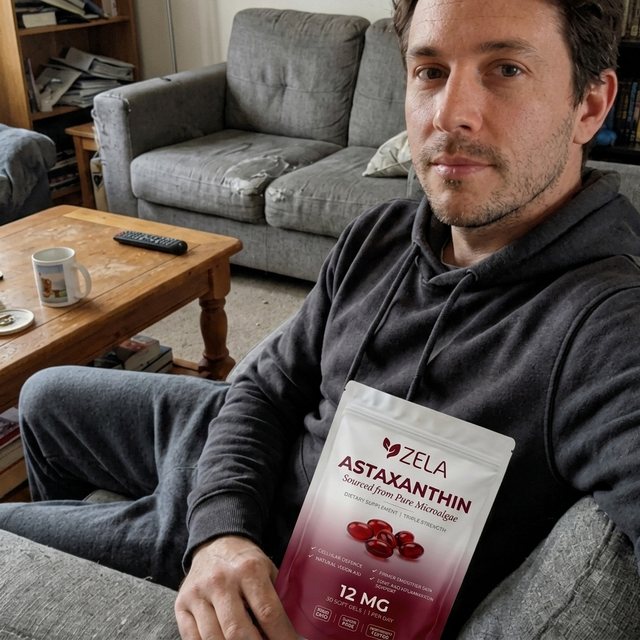 A customer holding a pouch of Zela Astaxanthin