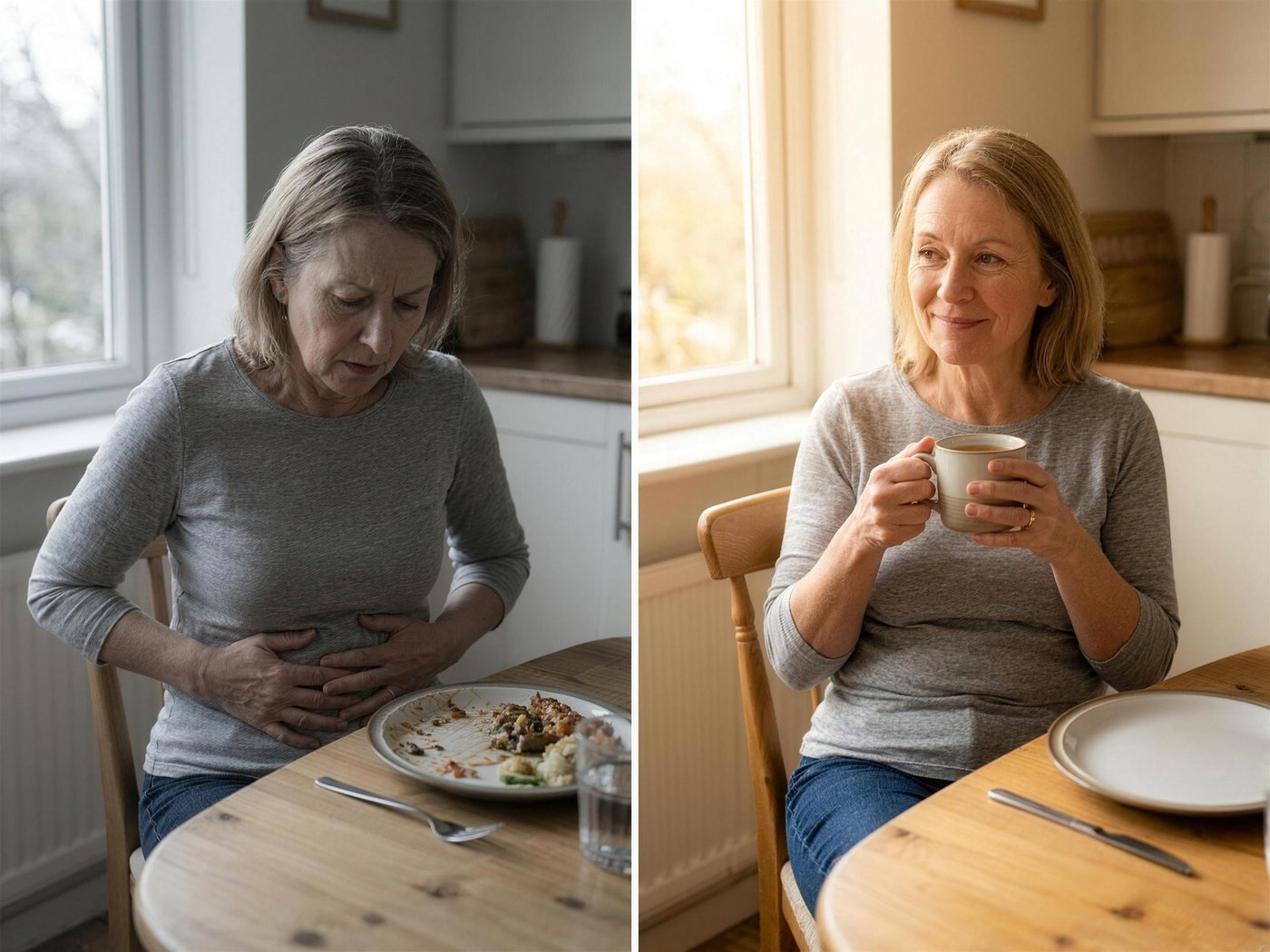 A woman relaxed at her kitchen table after breakfast