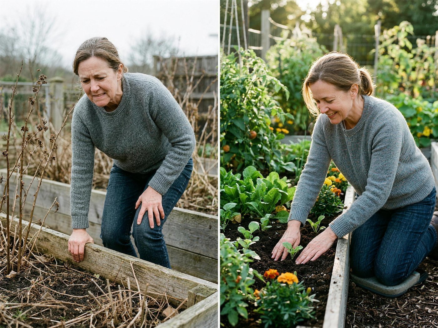 A woman kneeling comfortably to plant in a garden bed