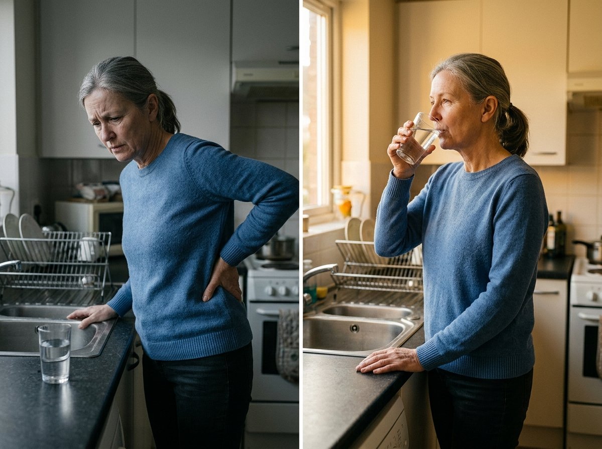A woman drinking a glass of water at a sunlit kitchen window