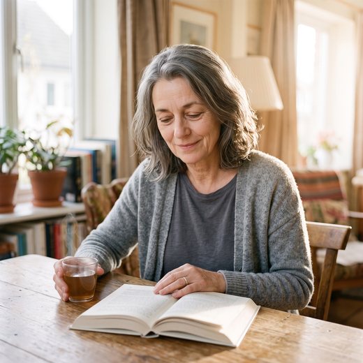 The same woman reading calmly at breakfast
